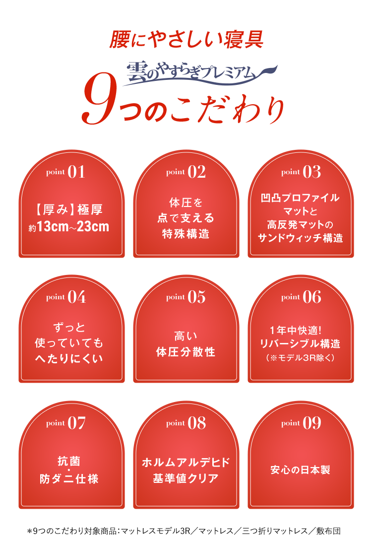 雲のやすらぎプレミアム　9つのこだわり&4種のマット